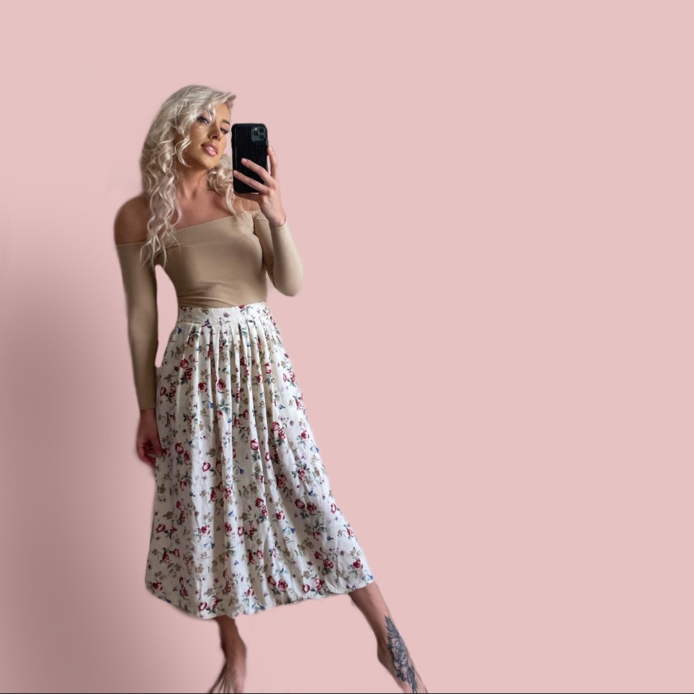 Summer skirt with flowers, beige skirt, midi skirt, high waisted floral skirt
